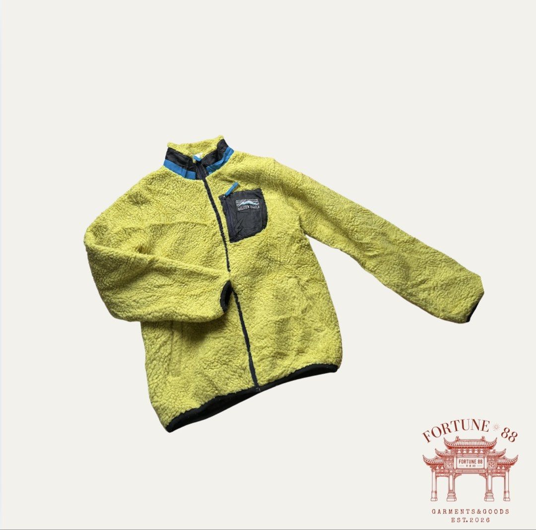 Golden Eagle Sherpa Fleece Zip-Up Jacket (Category: Coats, Jackets and Outerwear) located in Paranaque City. Submitted by f0rtune_88 (Listing ID 1463984737, Image 2). Description: Golden Eagle Sherpa Fleece Zip-Up Jacket Price: ₱350 Brand: Golden Eagle Size: No size on tag Measurements: Length 59 cm | Width 47 cm Color: Lime Green / Black / Blue Style: Outdoor / Fleece Jacket Fit: Regular Fit Details: Full zip, high collar, contrast chest zip poc