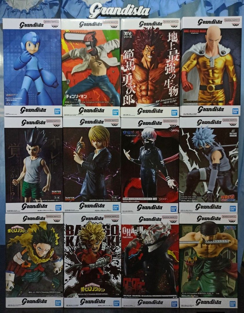GRANDISTA FIGURES (Category: Figurines & Statues) located in Pasig City. Submitted by soulscyther (Listing ID 1464060240, Image 1). Description: BANPRESTO GRANDISTA FIGURES ✨Mega Man - Rockman - ₱850 ✨Chainsaw Man - Chainsaw Devil - ₱1700 ✨Baki the Grappler - Hanma Yujiro - ₱1000 ✨One Punch Man - Saitama Metallic ver. - ₱1000 ✨Hunter x Hunter - Gon - ₱950 ✨Hunter x Hunter - Kurapika ❌SOLD❌ ✨Tokyo Ghoul - Kaneki Ken II - ₱950 ✨Naruto Shippuden - H