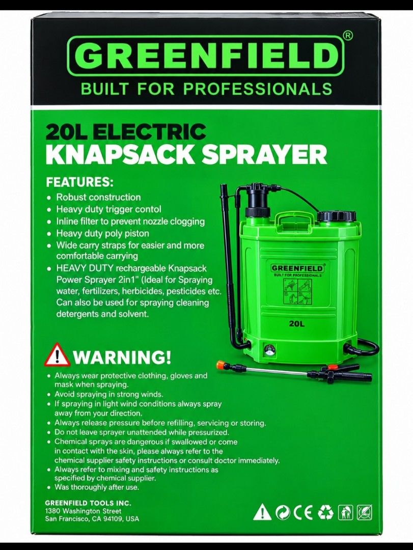 Greenfield 20L Electric Knapsack Sprayer (Category: Everything Else Others) located in Quezon City. Submitted by nispat (Listing ID 1463968302, Image 3). Description: - Greenfield 20L Electric Knapsack Sprayer - Built for professional use - Rechargeable battery powered - Adjustable nozzle for precise spraying - Multi-purpose: water, fertilizers, pesticides, cleaning detergents, solvents - Features both electric pump and manual function - Equipped