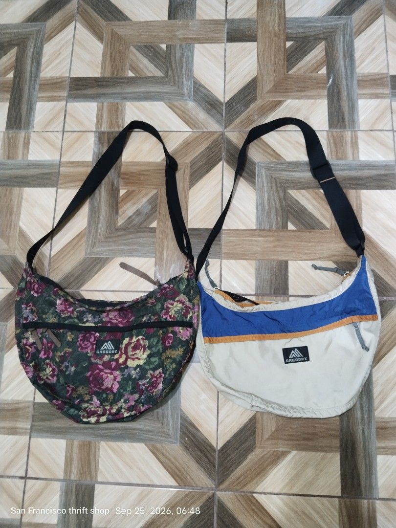 GREGORY 13L Satchel M Half-Dome Shoulder Bag (Category: Sling Bags) located in Manila. Submitted by nathanielo82165 (Listing ID 1463946185, Image 3). Description: - Two Gregory satchel bags available (13L capacity each) - Colorways: Beige & Blue, and Floral Print - Ideal for everyday use or travel - Adjustable strap for comfortable carrying - Multiple zipped compartments for secure storage.