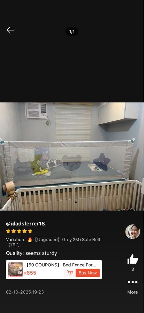 Grey Bed Fence with Safe Belt (79") (Category: Bed Guards) located in Makati City. Submitted by gfffff18 (Listing ID 1463950306, Image 1). Description: - Extra Long: 2 meters (79 inches) - Includes a secure Safe Belt - Sturdy and durable construction - Easy to install - Perfect for keeping toddlers and children safe while sleeping Original price: 800.