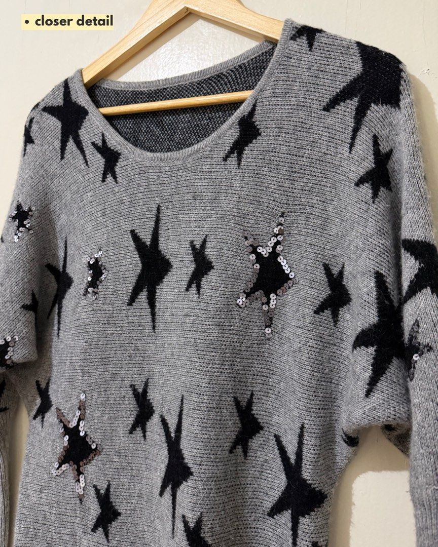 Grey Star Sequin Knit Sweater (Category: Longsleeves) located in Subic. Submitted by ciesells (Listing ID 1463945176, Image 2). Description: Bust: 38 Sleeve: 22in - Grey knit fabric - Black star pattern - Sequined design - Great for oversized look mop: bpi/maribank/maya.