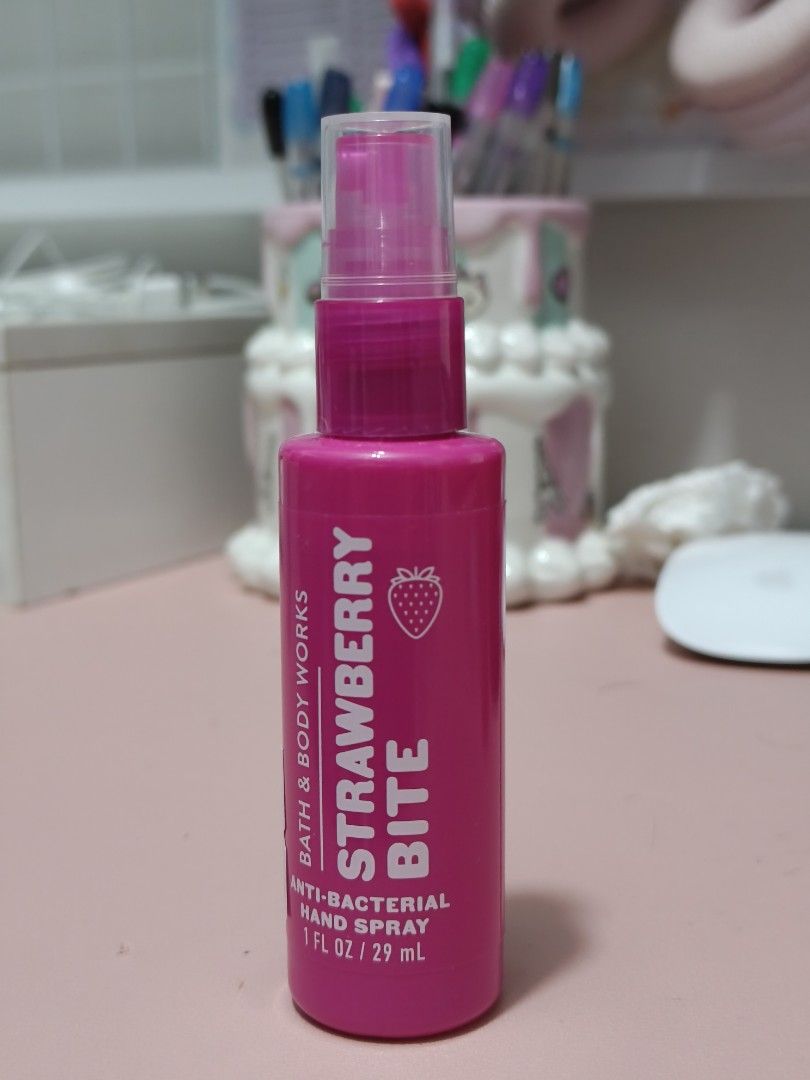 Strawberry Bite (Category: Hands & Nails) located in Rizal. Submitted by pinklemonade_ (Listing ID 1463997711, Image 1). Description: Bath & Body Works Anti-Bacterial Hand spray (29ml).