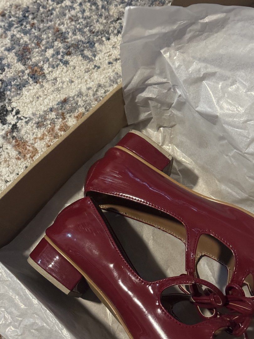 GVN Red Mary Janes (Category: Flats & Sandals) located in Muntinlupa City. Submitted by stuffdcloset (Listing ID 1463964321, Image 3). Description: - Bought for 2,600, worn only like 2 times - Shiny red patent leather flats - Chic square toe design - Adorable bow detail on the strap - Comfortable low block heel - Versatile for dressing up or down - Includes original box and tissue paper - There are light scuffs on the side but can be removed. .