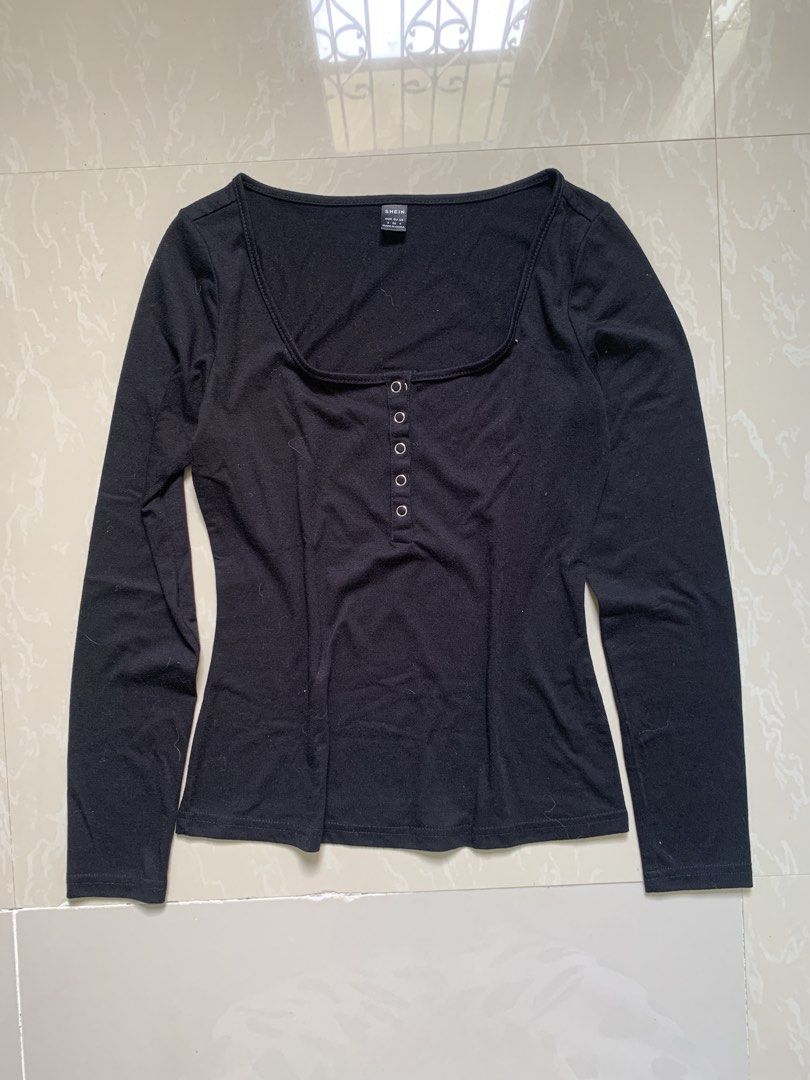 henley black square neck long sleeve button up top (Category: Longsleeves) located in General Trias. Submitted by peebscloset (Listing ID 1463994918, Image 1). Description: - black long sleeve top - fits xs - s - good for layering camis.