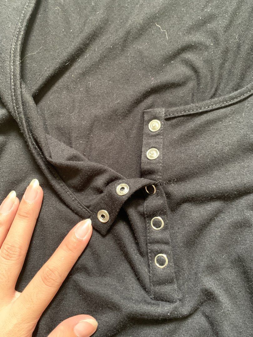 henley black square neck long sleeve button up top (Category: Longsleeves) located in General Trias. Submitted by peebscloset (Listing ID 1463994918, Image 3). Description: - black long sleeve top - fits xs - s - good for layering camis.