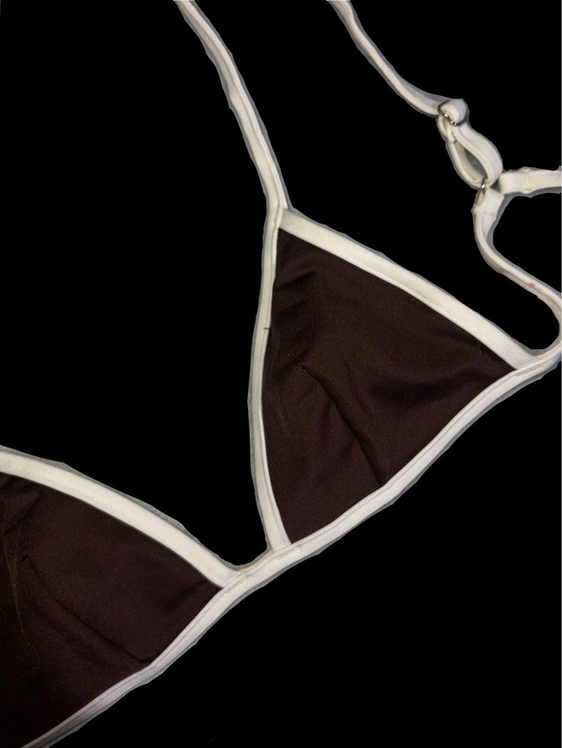 H&M Brown Bikini Top with White Trim (Category: Bikinis & Swimsuits) located in Cavite. Submitted by zyrahramos (Listing ID 1464061482, Image 2). Description: 💋Brand: H&M 💋Color: Brown 💋Style: Bikini Top 💋Size: XXS 💋Details: White trim, ties at neck and back for adjustable fit 💋Occasion: Ideal for beach or pool days 💋Condition: Worn once | like new..