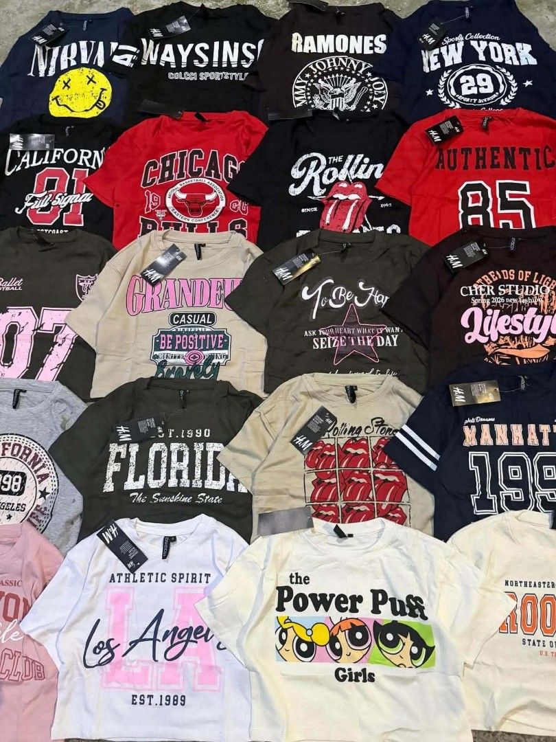 H&M Graphic T-Shirts - Various Designs (Category: Shirts) located in Quezon City. Submitted by sheyguzman (Listing ID 1464031928, Image 1). Description: Selling H&M graphic tees. Lots of designs like Nirvana, Ramones, Chicago Bulls, and New York themes. Short sleeve crop top. Great for casual wear. Grab a few for only 170 each Assorted size, design, and color for bundle..
