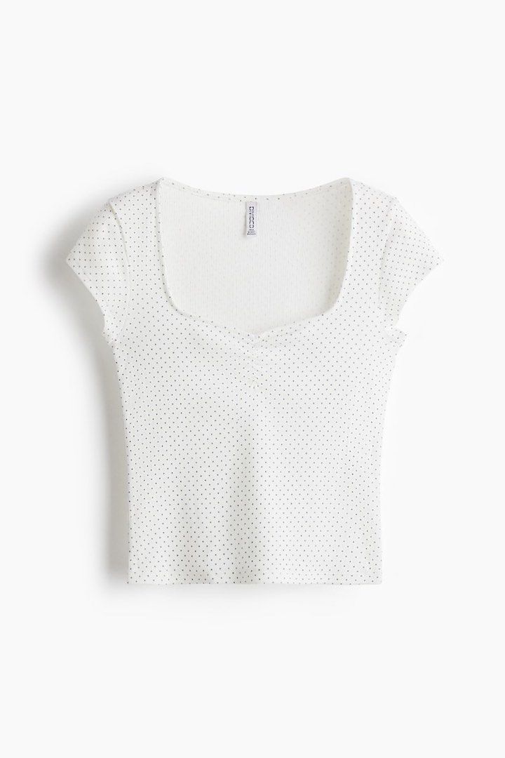 H&M White/Blue Polka Dot Ribbed Top (Category: Shirts) located in Santa Rosa. Submitted by k3nnyclths (Listing ID 1464056642, Image 1). Description: xxs on tag but super stretchy, can fit xxs-m ( for reference: 32bust 26 waist ) no flaws, would keep if not sold hehe - no additional ww/pictures.