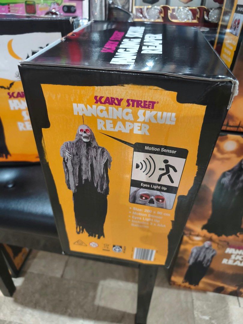 Holloween decor (Category: Other Home Decor) located in Paranaque City. Submitted by chips24 (Listing ID 1463960443, Image 2). Description: For Sale Brandnew Hanging Skull Reaper with sounds,lights,and sensor for only 3k. Pick up at Bf homes pque or add shipping .