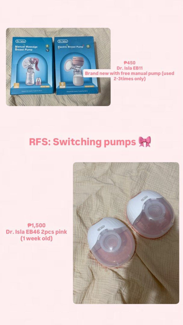Horigen Wondermore & Dr. Isla Breast Pumps (Category: Breastfeeding & Bottle Feeding) located in Silang. Submitted by ecadentista (Listing ID 1463998906, Image 2). Description: - Horigen Wondermore Double Electric Breast Pump - Used for only 1 week - Includes FREE Horigen 1 set of 109PP 3D breast pump kit (25mm) - Also selling: Dr. Isla EB11 Electric Breast Pump (used 2-3 times) with free manual pump - Also selling: Dr. Isla EB46 2pcs Pink Electr