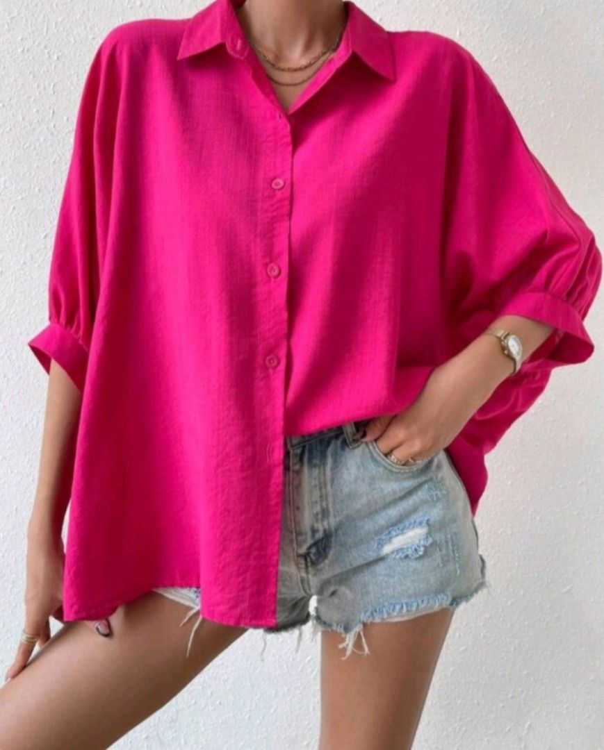 Shein Hot Pink Oversized Button-Up Shirt (Category: Shirts) located in Batangas. Submitted by thriftshop_izy15 (Listing ID 1463953403, Image 1). Description: Product Measurement Size: Large Length- 68.5cm. Sleeve length- 47.7cm. Bust-100cm. Cuff- 33.6cm If you have any inquiries regarding item/s feel free to contact me in this #09776108045.
