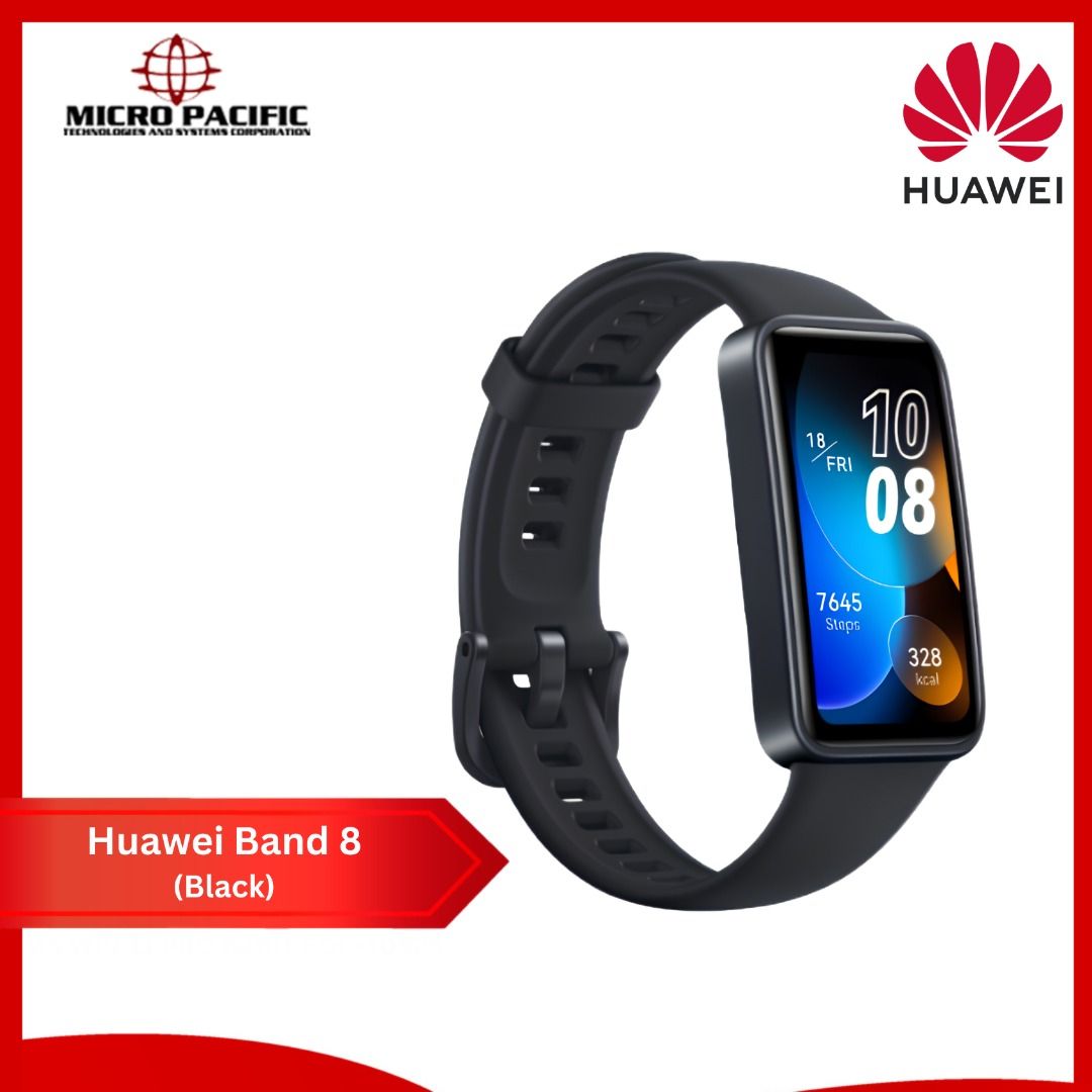 Huawei Band 8 (Black) (Category: Wearables & Smart Watches) located in Makati City. Submitted by micro_pacific (Listing ID 1464011065, Image 2). Description: Display 1.47" AMOLED Display 194 × 368 Resolution 282 PPI Design Dimensions: 43.45 × 24.54 × 8.99 mm Weight: Approx. 14 g (without strap) Slim & Lightweight Design Health & Fitness Heart Rate Monitoring SpO₂ Monitoring Sleep Tracking Stress Monitoring Menstrual Cycle Tracking 100 Workout Mod