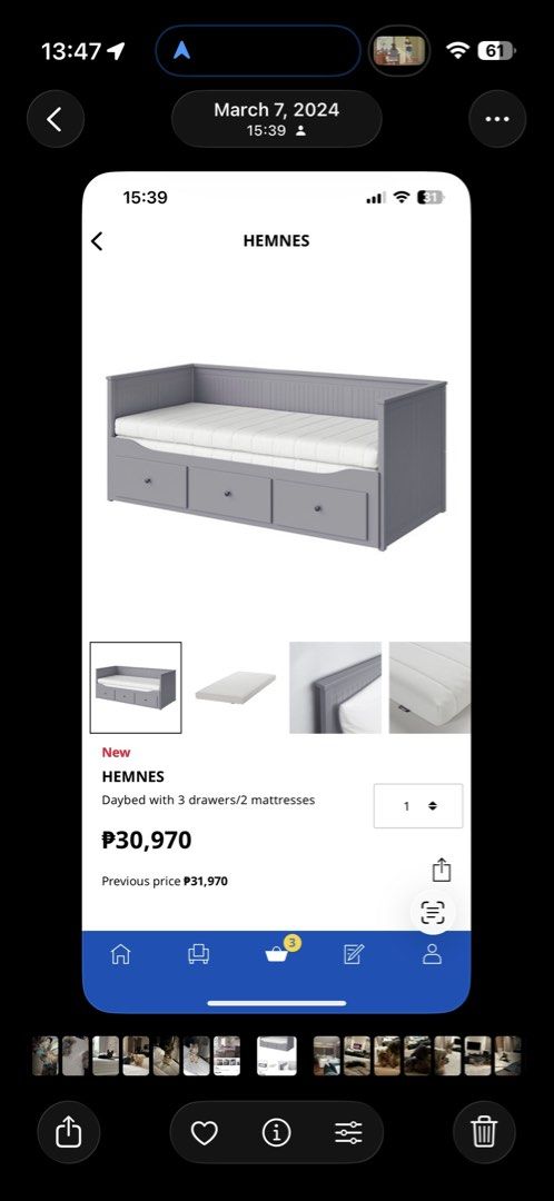 IKEA HEMNES Daybed with 3 Drawers (Category: Bed Frames & Mattresses) located in Silang. Submitted by nnjournal (Listing ID 1463980280, Image 3). Description: - IKEA HEMNES Daybed in Grey - Features 3 large drawers for ample storage - Mattress is included - Ideal for a child's bedroom or guest room - Easy to assemble and use - Selling because of redecoration - with drawer and corner protectors.