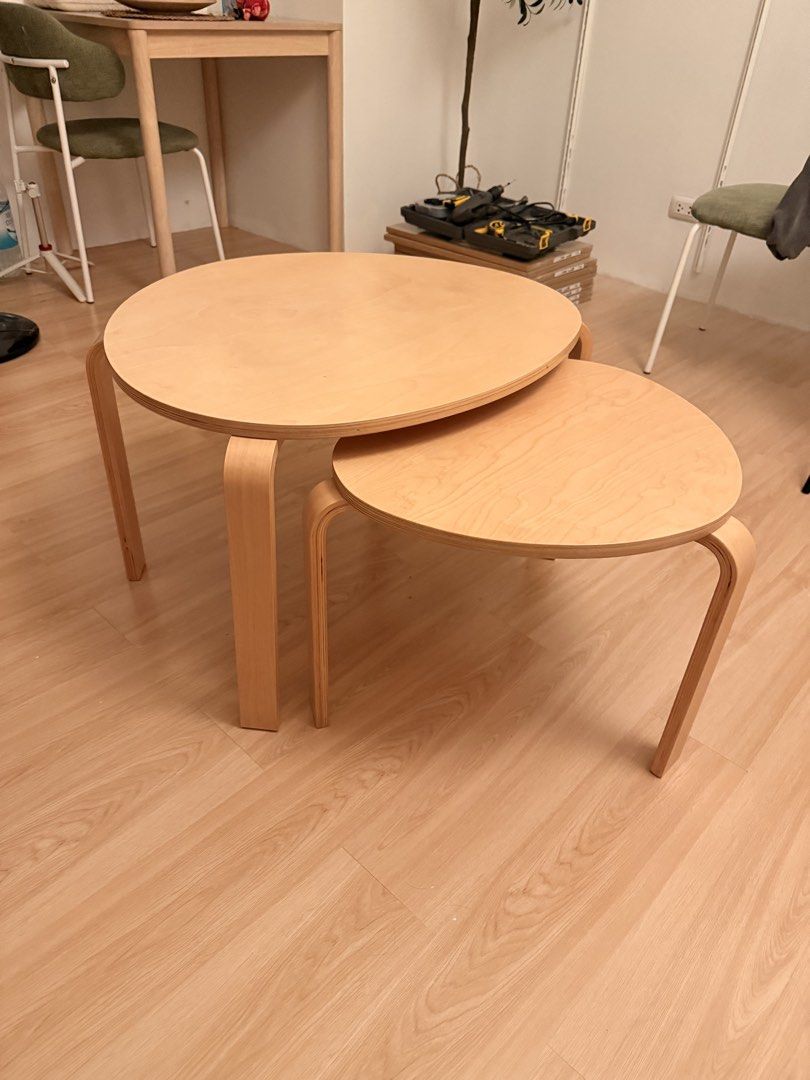 IKEA SVALSTA Wooden Nesting Coffee Tables - Round (Category: Tables & Sets) located in Manila. Submitted by kurtt_dy (Listing ID 1464113838, Image 2). Description: IKEA SVALSTA Nesting Tables – Birch Veneer ₱5,500 negotiable Used for 1 year and 3 months Very good condition, well maintained No major stains, scratches, or damage Original IKEA item Set of 2 nesting tables RFS: decluttering / redesigning space- Set of 2 round nesting coffee tables - 