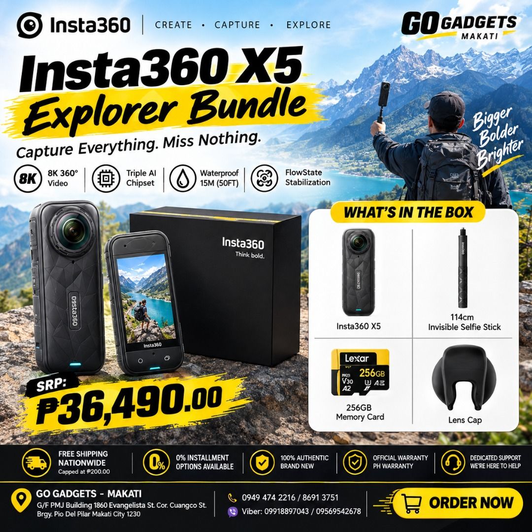 Insta360 x5 Explorer Bundles (Category: Cameras) located in Caloocan City. Submitted by joseph_elmido (Listing ID 1463966760, Image 1). Description: Perfect for travel, adventure, vlogging, outdoor activities, and everyday content creation..