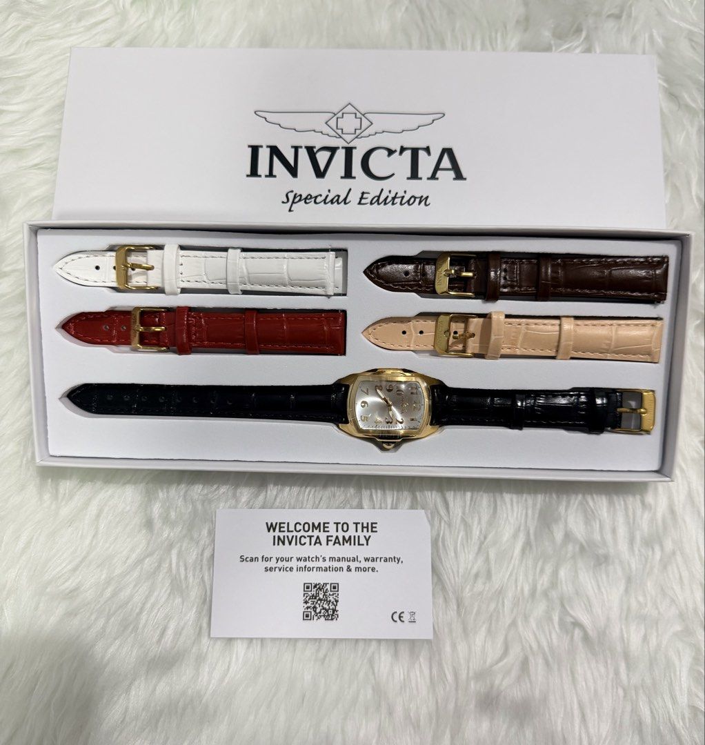 Invicta Watch (Category: Women's Watches) located in Manila. Submitted by shobeybe08 (Listing ID 1464038024, Image 1). Description: PTPA INVICTA LUPAH WATCH (GOLD) ( with multiple straps ) Brandnew 💯 Authentic Bought in US 🇺🇸 Onhand and ready to ship Money back guarantee Lalamove ready/LBC Open for layaway 🩷 DM for inquiries 🫶 Loc: Manila - Invicta Special Edition Watch Set - Includes watch and 5 interchangeable leather straps - Strap colors