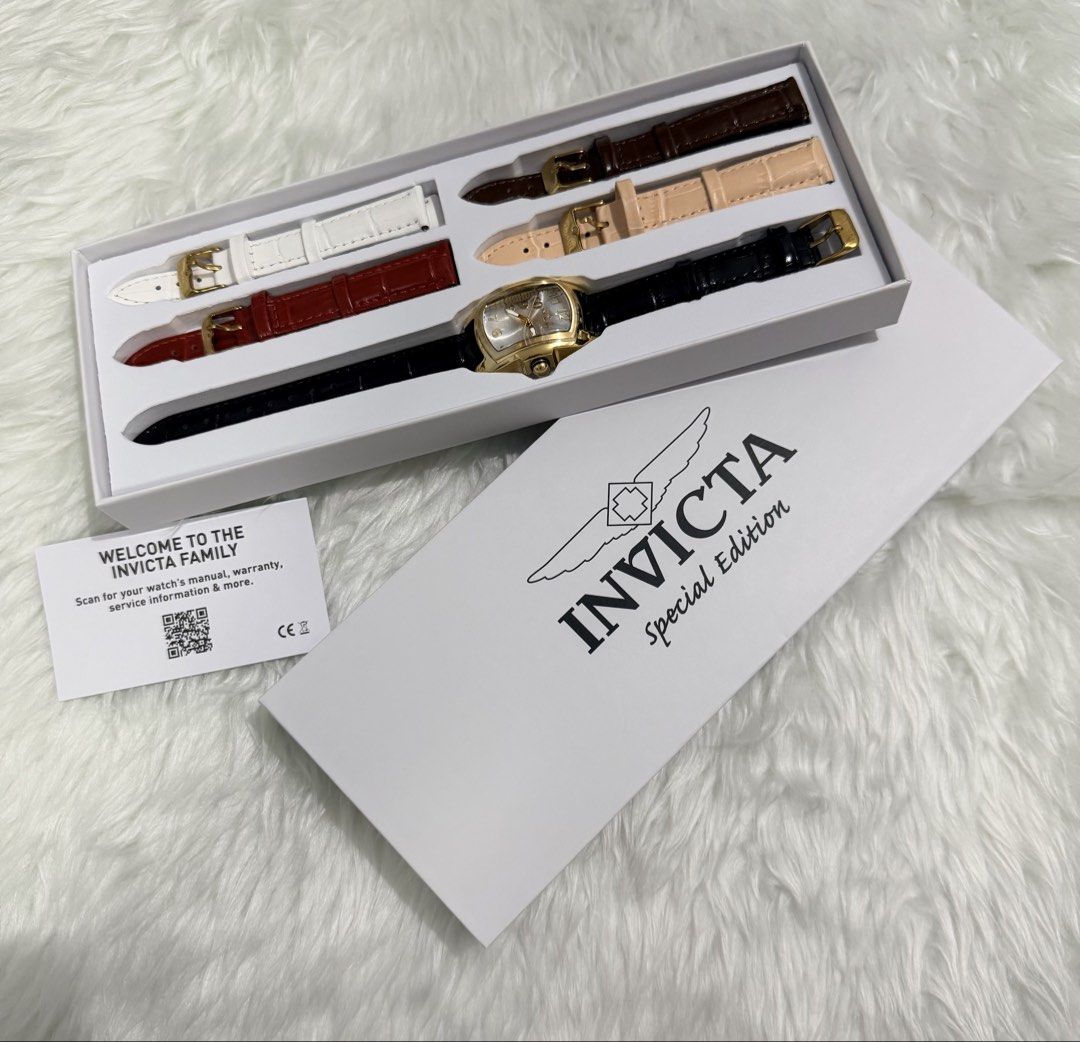 Invicta Watch (Category: Women's Watches) located in Manila. Submitted by shobeybe08 (Listing ID 1464038024, Image 2). Description: PTPA INVICTA LUPAH WATCH (GOLD) ( with multiple straps ) Brandnew 💯 Authentic Bought in US 🇺🇸 Onhand and ready to ship Money back guarantee Lalamove ready/LBC Open for layaway 🩷 DM for inquiries 🫶 Loc: Manila - Invicta Special Edition Watch Set - Includes watch and 5 interchangeable leather straps - Strap colors