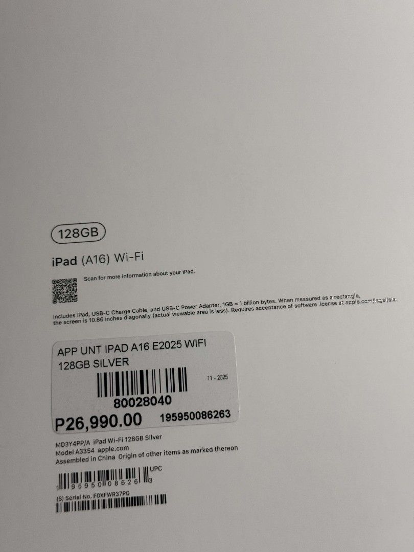 Ipad 11th gen 128gb 33 cycle count (Category: iPad) located in Quezon City. Submitted by jrd_legit (Listing ID 1463974368, Image 3). Description: Ipad 11th gen 128gb Silver 100% battery health 33 cycle count Warranty January 2027 Brandnew condition bihira magamit No dents or scratches No history of repair Complete package all original Naka tempered glass na since day 1 Unli check and reset upon meet up.