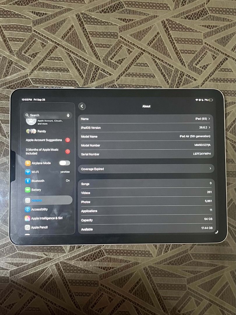 iPad Air 5th Generation (M1) – Wi-Fi Only | 64GB (Category: iPad) located in Manila. Submitted by yzhcarts (Listing ID 1464072342, Image 3). Description: iPad Air 5th Generation (M1) – Wi-Fi Only | 64GB Condition: Used, good working condition Model: iPad Air 5th Generation Chip: Apple M1 Storage: 64GB Connectivity: Wi-Fi Only Display: 10.9" Liquid Retina Display Touch ID: Yes Port: USB-C Apple Pencil Support: Apple Pencil (2nd generation) Issues: