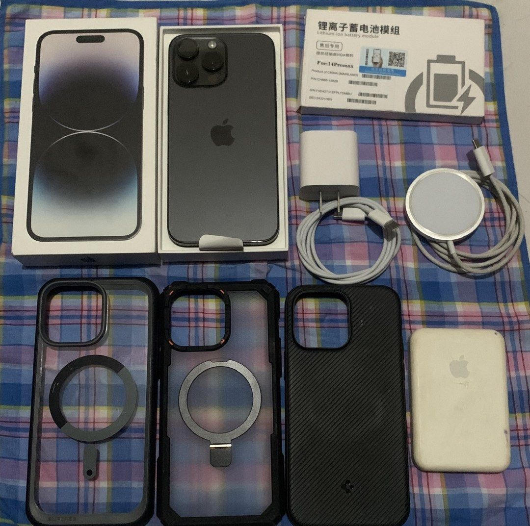 iPhone 14 Pro max 128gb (Category: iPhone 14 Series) located in Manila. Submitted by gwyne_00 (Listing ID 1464067276, Image 1). Description: iPhone 14 Pro Max -Zpa Variant -NTC Approved -128gb -79 Battery health(Still Makunat) -Factory Unlock -No sim Restriction -Face id and True Tone working -No History of Repair Issue -Konting Casemark dot sa sides Inclusion -Original Box Same Imei -MagSafe Powerbank -MagSafe Charger -Adapter and wire -Cases -O