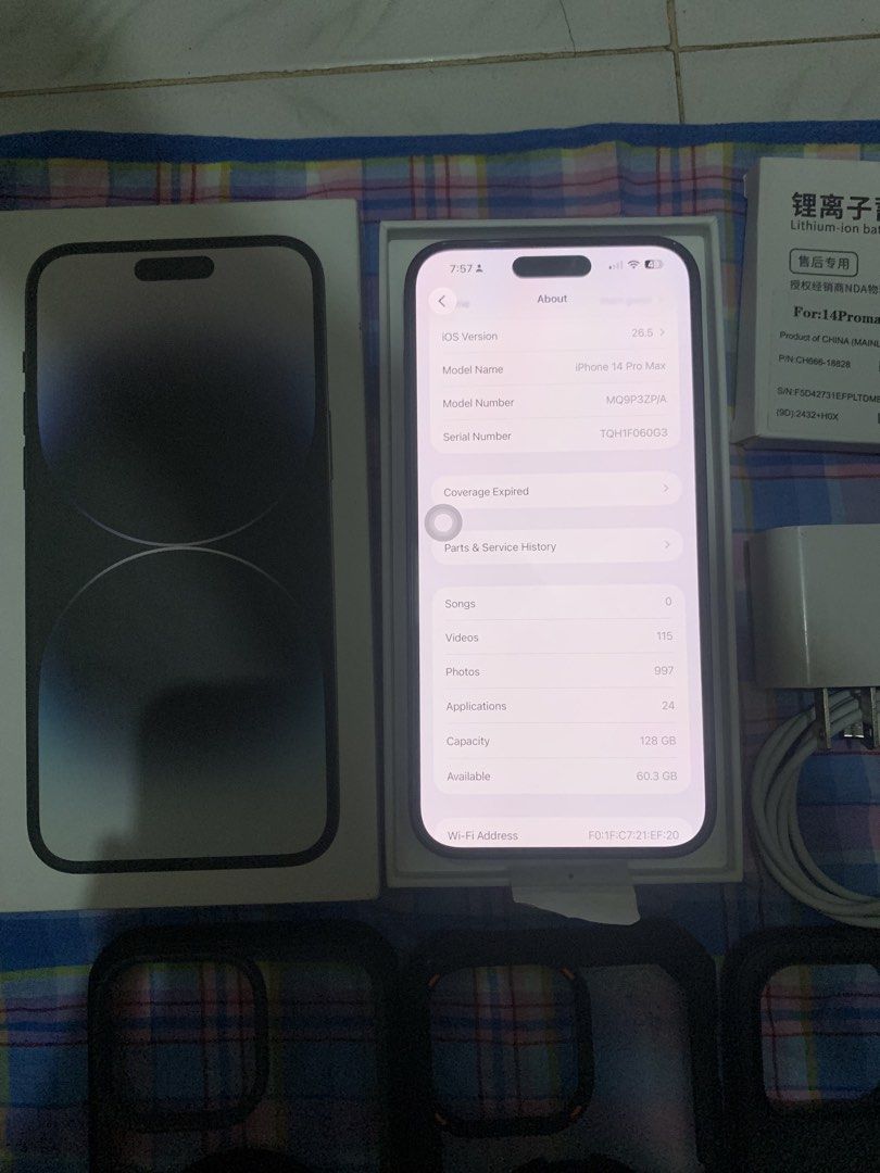 iPhone 14 Pro max 128gb (Category: iPhone 14 Series) located in Manila. Submitted by gwyne_00 (Listing ID 1464067276, Image 2). Description: iPhone 14 Pro Max -Zpa Variant -NTC Approved -128gb -79 Battery health(Still Makunat) -Factory Unlock -No sim Restriction -Face id and True Tone working -No History of Repair Issue -Konting Casemark dot sa sides Inclusion -Original Box Same Imei -MagSafe Powerbank -MagSafe Charger -Adapter and wire -Cases -O