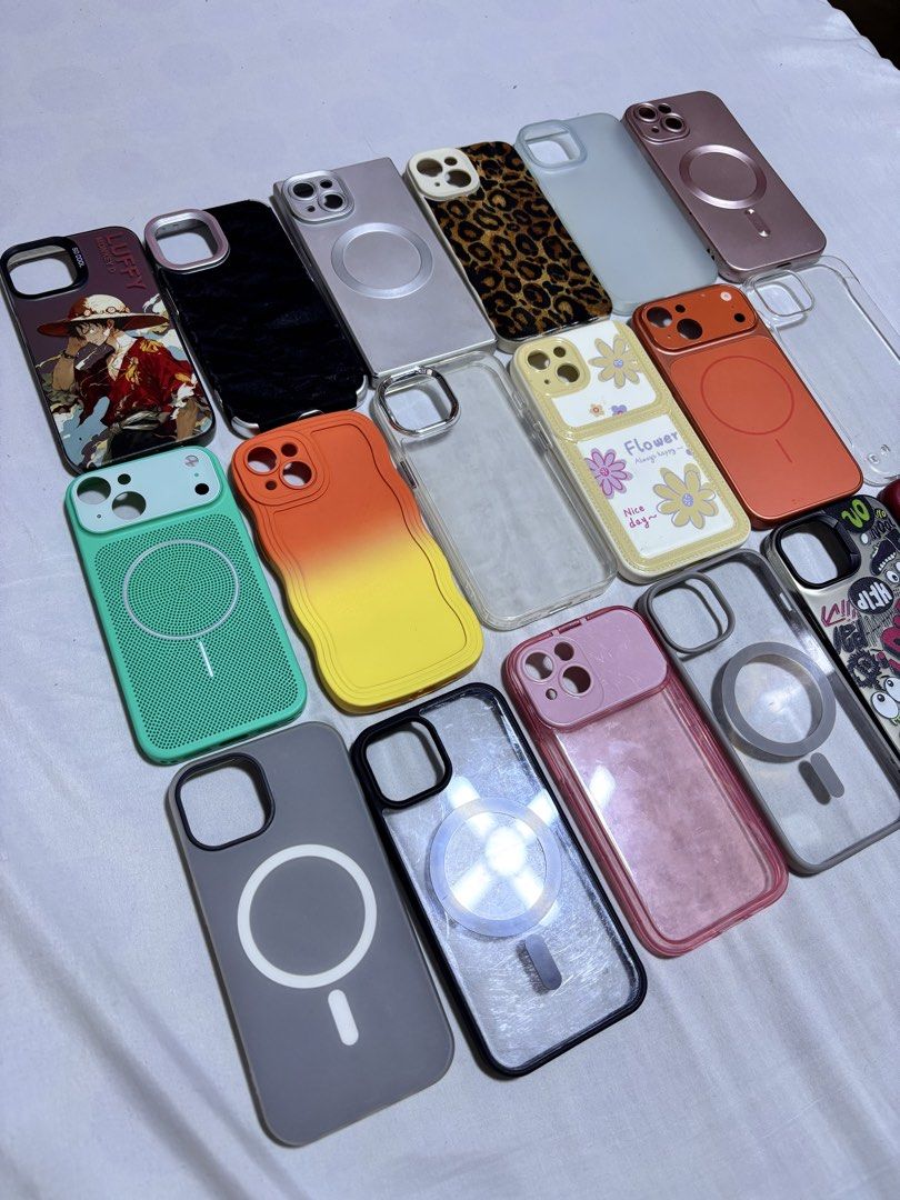Iphone 15 cases (Category: Cases & Sleeves) located in Pasig City. Submitted by abogadosupremo (Listing ID 1464061961, Image 3). Description: - Variety of iPhone 15 cases - Designs include anime (Luffy), leopard print, floral, solid colors, and clear cases - Some cases feature MagSafe compatibility - Multiple colors and styles to choose from - Ready for immediate shipping - 18pcs, all in na - almost new pa yung iba halos di nagamut - nabili ng si