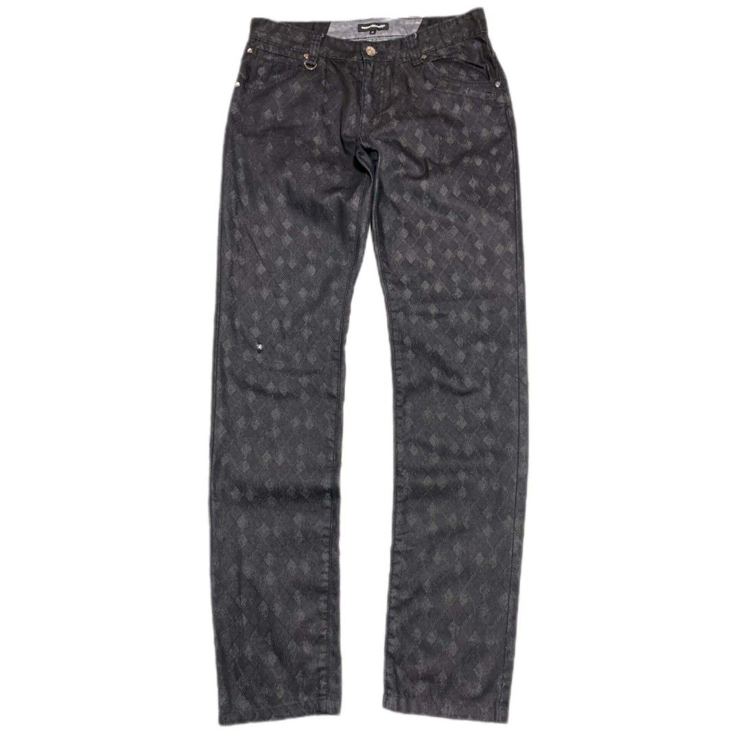 Japanese Semantic Design Monogram Diamond Jacquard Pants (Category: Chinos) located in Bislig. Submitted by rndm_stff1 (Listing ID 1463990917, Image 1). Description: Rare Japanese brand Semantic Design slim-fit pants in a dark washed black colorway. Features an all-over diamond/checkerboard pattern jacquard weave, custom branded hardware, and a built-in D-ring detail on the front waist loop for keychains or wallet chains. Perfect piece for Visual