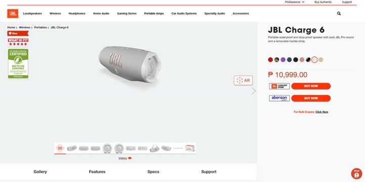 JBL Charge 6 Portable Waterproof Speaker (Category: Soundbars, Speakers & Amplifiers) located in Manila. Submitted by czuleikaaa (Listing ID 1464016039, Image 1). Description: - JBL Charge 6 portable speaker - Color: White - Waterproof and drop-proof for durability - Features a removable handle strap - Delivers great sound quality - Long battery life for extended playtime - Perfect for your next adventure.