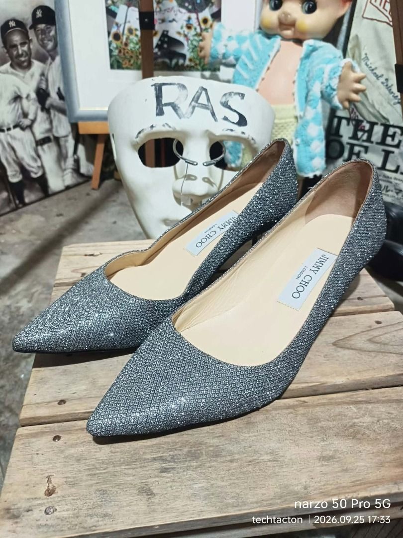 Jimmy Choo Glitter Pointed Toe Heels (Category: Heels) located in Santo Tomas. Submitted by pickers_corner (Listing ID 1464043030, Image 1). Description: Jimmy Choo Romy 60 mm Glitter Mesh Metallic Pointy Toe Pumps Gunmetal size 38 excellent condition malinis -Brand: Jimmy Choo - Color: Sparkly Silver Glitter - Size: 38 - Heel Height: Low - Toe Style: Pointed - Occasion: Parties, Night Out - Condition: Great for dressing up any outfit!.