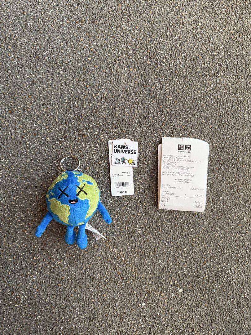 KAWS Universe Earth Plush Keychain with Tags & Receipt (Category: Plushies & Soft Toys) located in San Fernando. Submitted by houseof_jj (Listing ID 1464041425, Image 1). Description: - Authentic KAWS Universe Earth plush keychain - Features iconic KAWS 'XX' eyes - Comes with original tags - Includes original UNIQLO receipt - Original purchase price: PHP 790 - Ideal for decorating bags or as a collectible item.