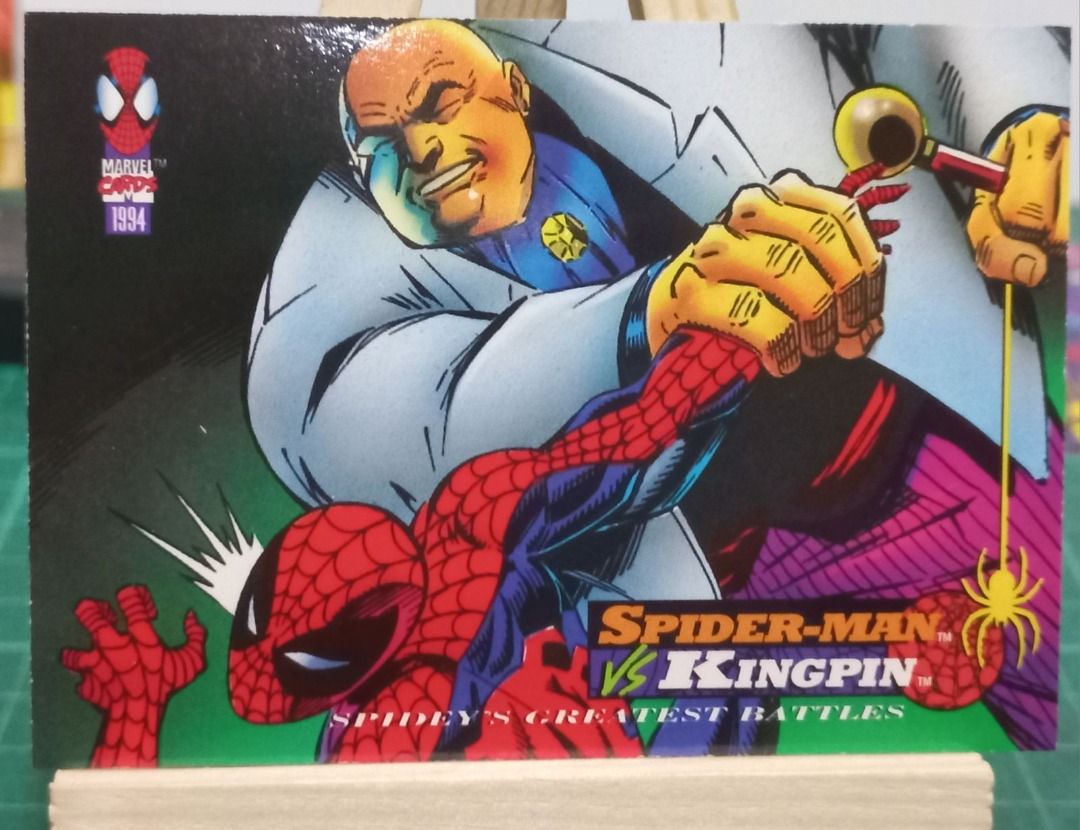 Kingpin 111 (Category: Raw Singles) located in Manila. Submitted by seller913 (Listing ID 1464018366, Image 1). Description: - 1994 Marvel Trading Card - Features Spider-Man vs. Kingpin - From the 'Spider-Man's Greatest Battles' series - Excellent collectible for Marvel fans.