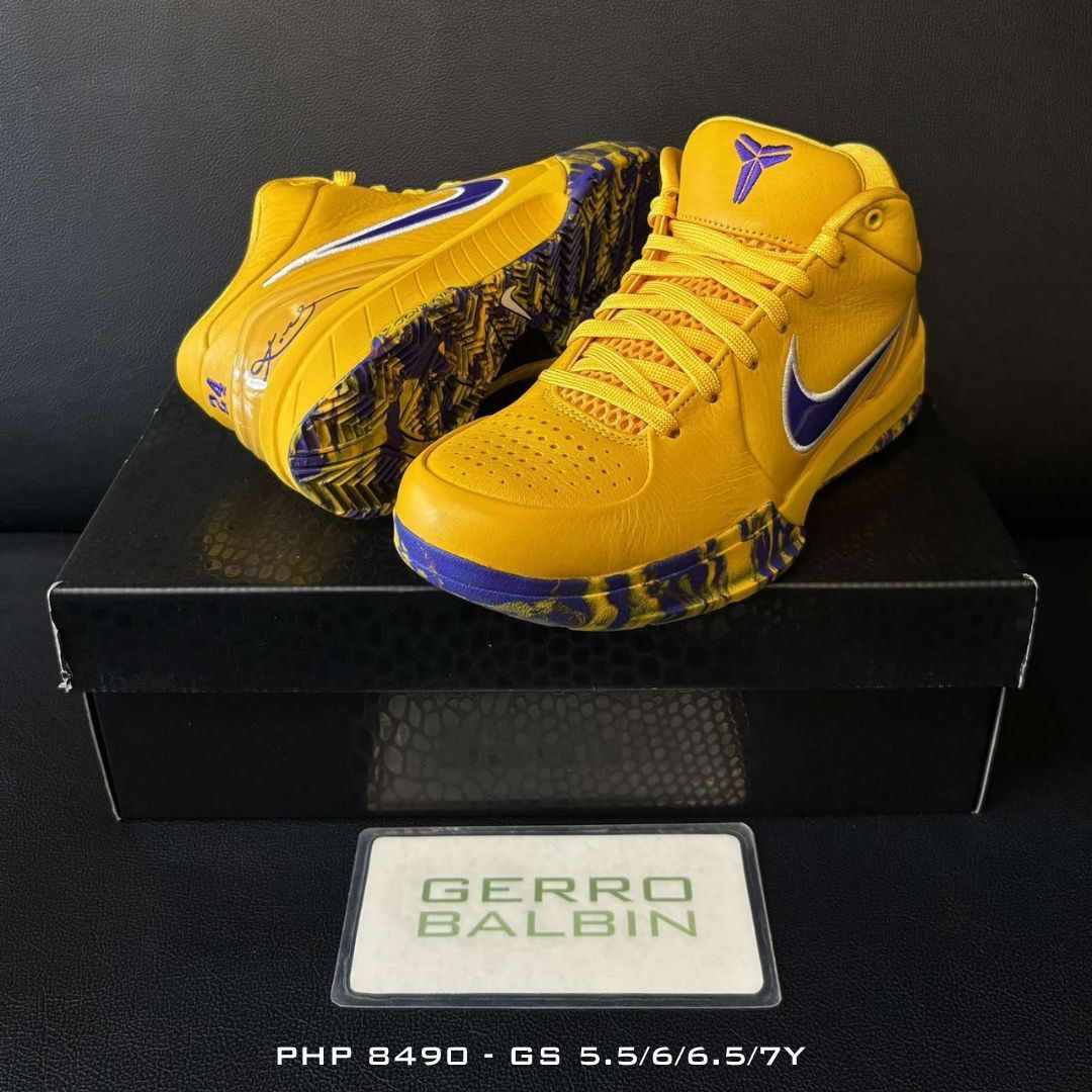 KOBE 4 ‘Lakers’ GS (Category: Sneakers) located in Taguig. Submitted by gerroofsneakercomplexph (Listing ID 1463942433, Image 1). Description: BRAND NEW GS 5.5/6/6.5/7Y.