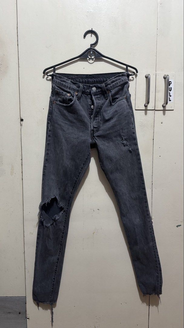 Levi's 501 Grey Distressed Button Fly Jeans W24 L32 (Category: Jeans) located in Bacoor. Submitted by jiricu1 (Listing ID 1464080254, Image 1). Description: - Authentic Grey Levi's 501 Jeans - Button Fly Closure - Distressed Details (Knee & Thigh) - Raw Hem - Size: W24 L32 - Measurements: Waist 61cm, Hips 86cm - Check tag for more details.