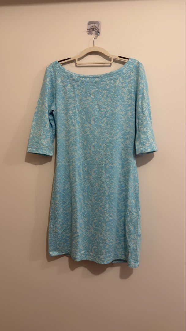 Light Blue Patterned Dress (Category: Dresses) located in Makati City. Submitted by jessi_1004 (Listing ID 1463999112, Image 1). Description: light blue dress 3/4 sleeves Boat neckline Textured fabric Office Dress / formal wear .
