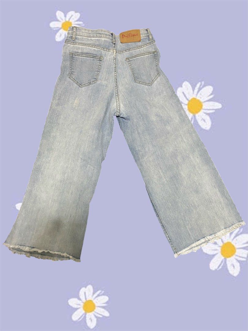 Light Wash Pants (Category: Jeans) located in Quezon City. Submitted by flrsgela (Listing ID 1464072798, Image 2). Description: - Light wash denim jeans - Wide leg cut with frayed hem - High waisted style - Button and zip closure - Two back pockets - Estimated size: Medium (M) - 26-27 waistline - L 78cm.