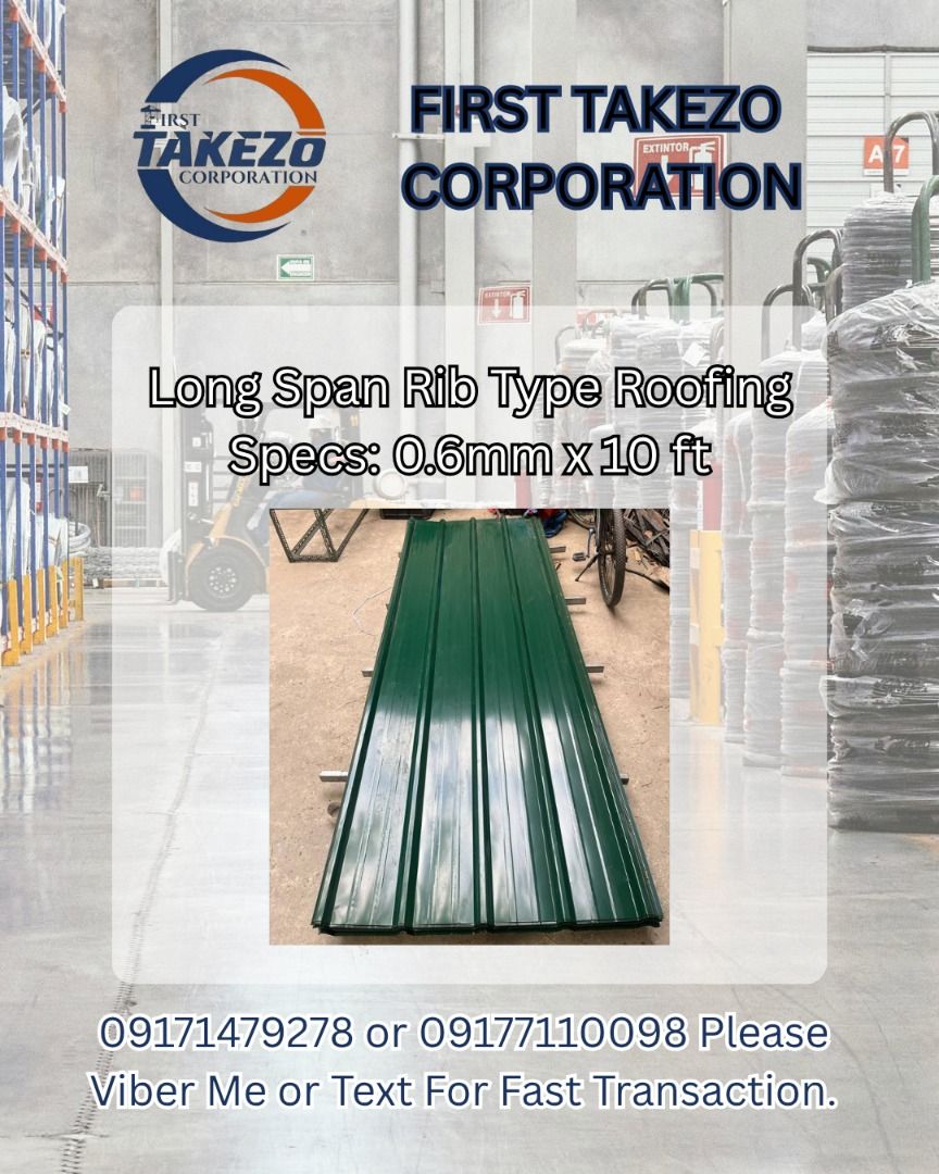 Long Span Rib Type Roofing Specs: 0.6mm x 10 ft (Category: Home Improvement Tools & Accessories) located in Manila. Submitted by 09171479278_elsie. (Listing ID 1463975816, Image 1). Description: Long Span Rib Type Roofing Specs: 0.6mm x 10 ft.