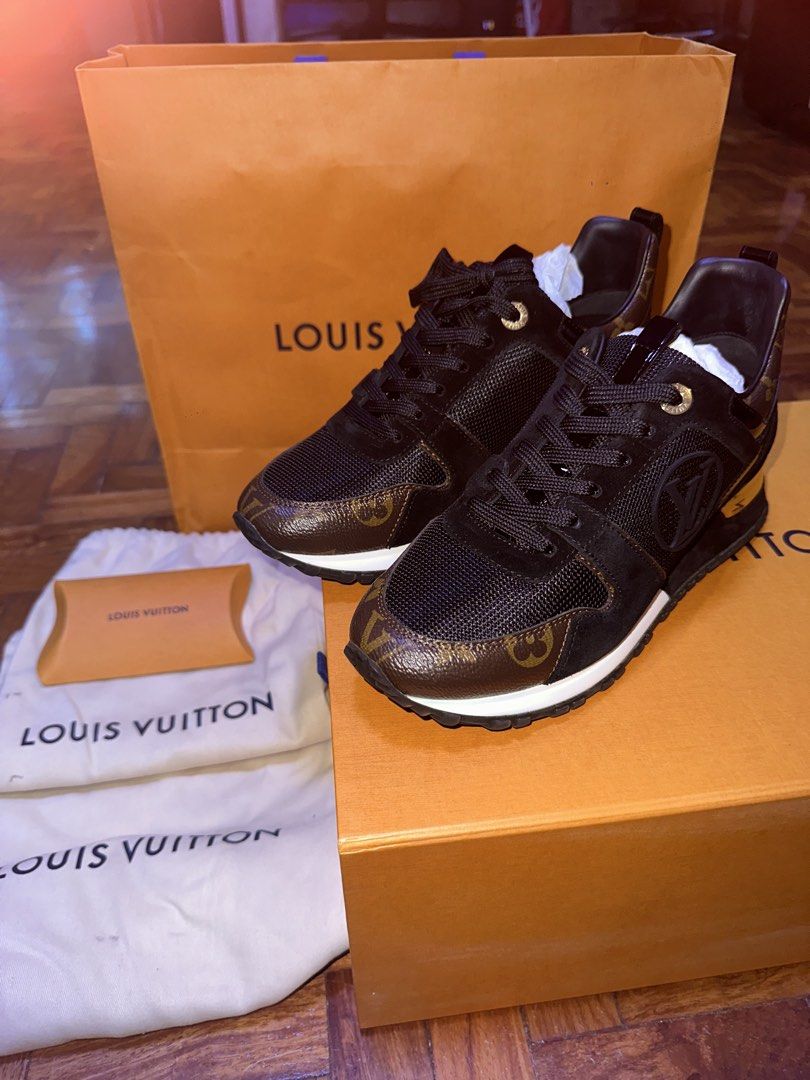 Louis Vuitton LV Runaway Sneaker (Category: Sneakers) located in Paranaque City. Submitted by abiiii_ (Listing ID 1463983281, Image 2). Description: - Authentic Louis Vuitton sneakers - Color: Black with iconic monogram print - Features gold accents on the heel - Includes original dust bags, box, extra shoelace and shopping bag - Unused.