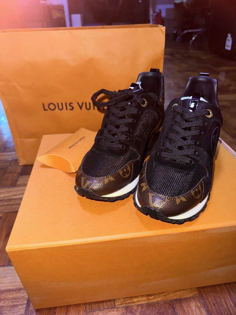 Louis Vuitton LV Runaway Sneaker (Category: Sneakers) located in Paranaque City. Submitted by abiiii_ (Listing ID 1463983281, Image 1). Description: - Authentic Louis Vuitton sneakers - Color: Black with iconic monogram print - Features gold accents on the heel - Includes original dust bags, box, extra shoelace and shopping bag - Unused.