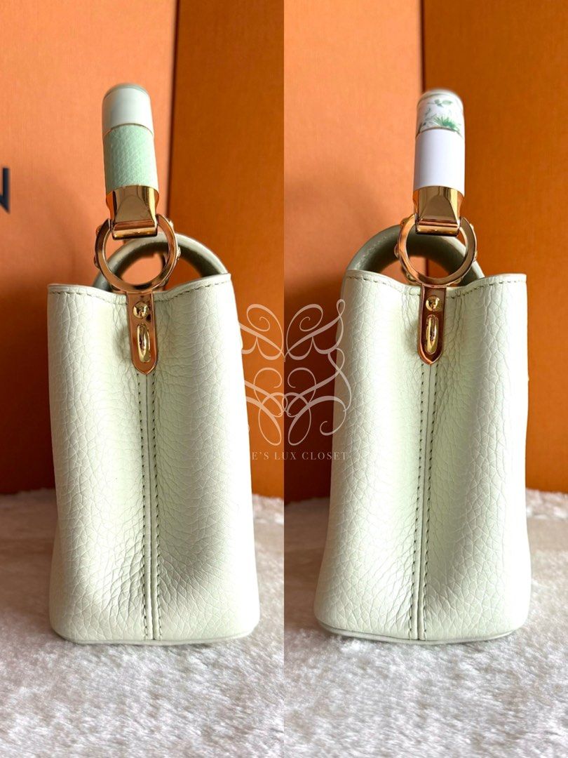 Louis Vuitton Mini Capucines Gold Hardware Kintsugi in Vert D'eau Taurillon Leather (Category: Luxury Bags & Wallets) located in Paranaque City. Submitted by belles_lux_closet (Listing ID 1464072337, Image 3). Description: AUTHENTIC MINI CAPUCINES GOLD HARDWARE KINGSUGI IN VERT D’EAU TAURILLON LEATHER (Microchipped & Mint Condition) ✅ 100% Guaranteed Authentic ✅ Microchipped ✅ Mint Condition, Rank A-SA ✅ Comes with long adjustable leather strap a