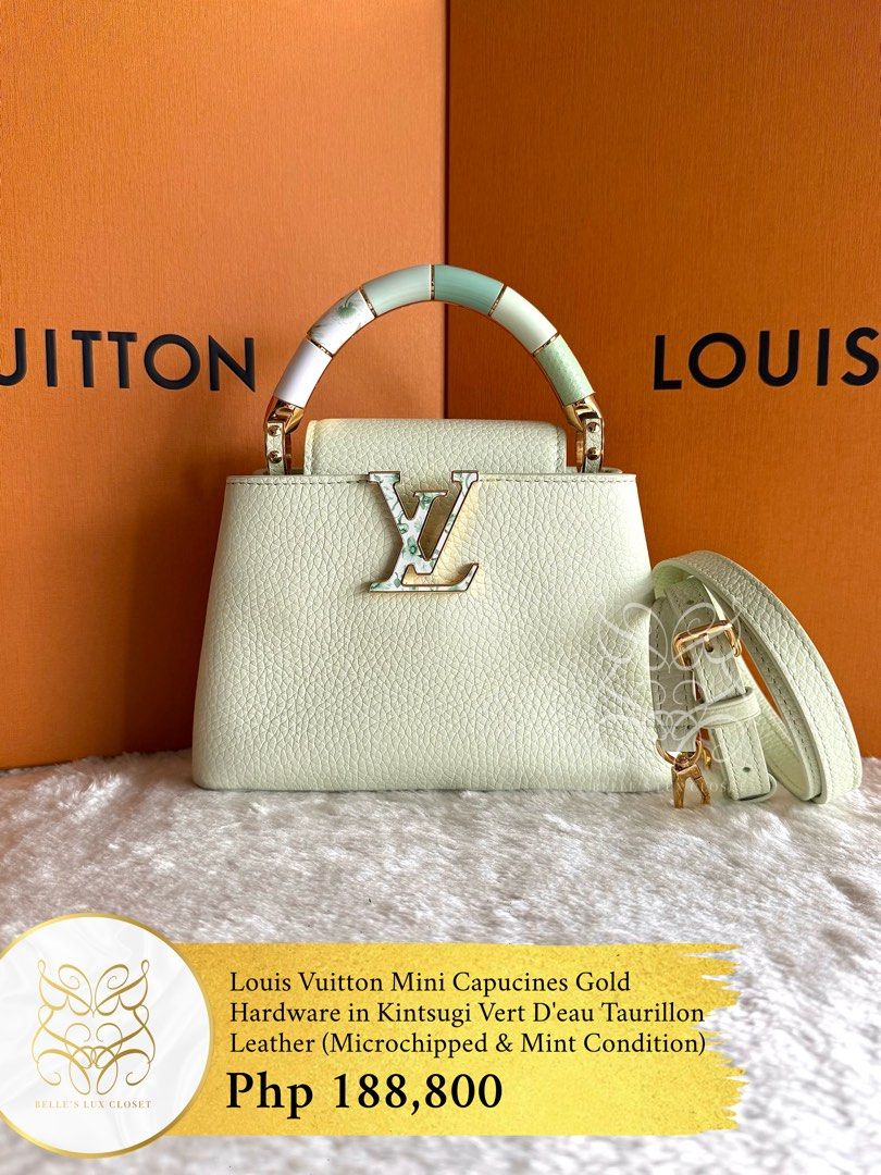 Louis Vuitton Mini Capucines Gold Hardware Kintsugi in Vert D'eau Taurillon Leather (Category: Luxury Bags & Wallets) located in Paranaque City. Submitted by belles_lux_closet (Listing ID 1464072337, Image 1). Description: AUTHENTIC MINI CAPUCINES GOLD HARDWARE KINGSUGI IN VERT D’EAU TAURILLON LEATHER (Microchipped & Mint Condition) ✅ 100% Guaranteed Authentic ✅ Microchipped ✅ Mint Condition, Rank A-SA ✅ Comes with long adjustable leather strap a