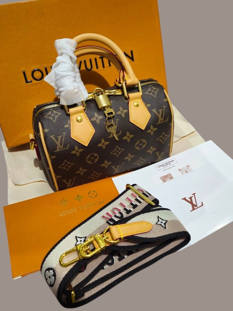 LV Speedy 20 (Category: Shoulder Bags) located in Quezon City. Submitted by kirstenbella (Listing ID 1464007528, Image 2). Description: Louis Vuitton Monogram Canvas Speedy Bandouliere 20 - Classic Monogram canvas with Vachetta leather trim - Comes with original box, dust bag, strap etc. - Features gold hardware, padlock, keys, wide strap - Brand new RSF: Educational funds - Coded scannable microchip - Pickup is welcome or free shipping 📞You may