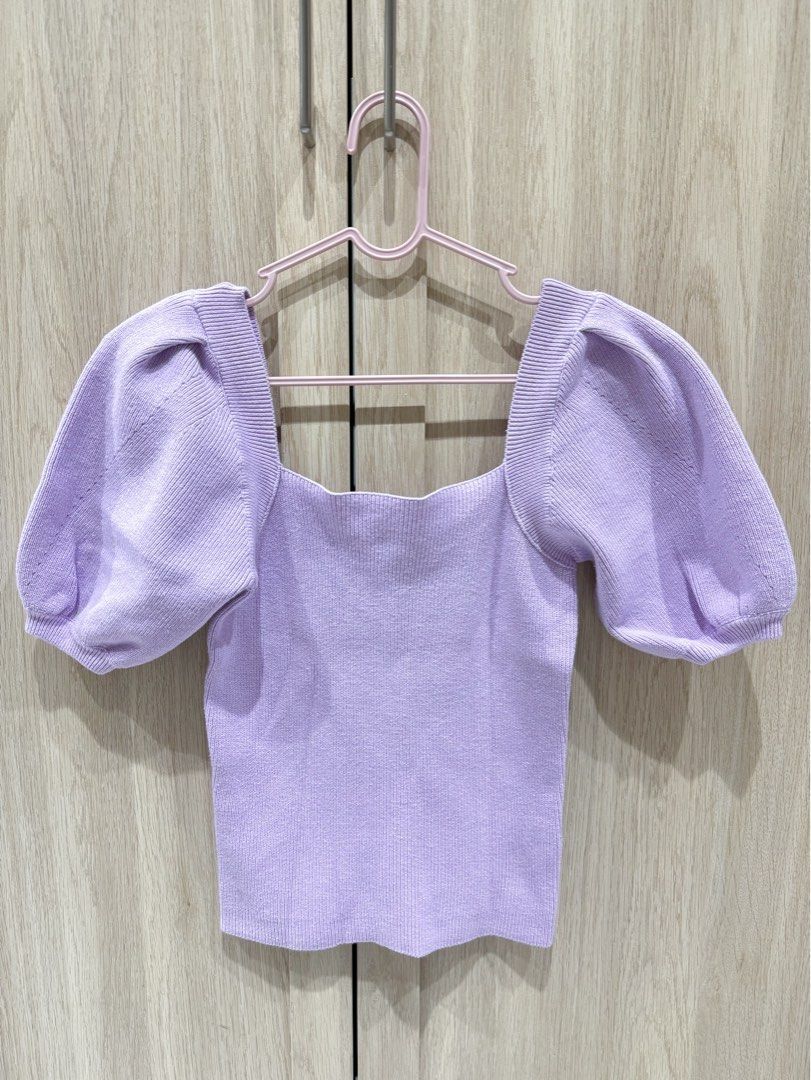 Love Bonito Square Neck Knit Top (Category: Blouses) located in Manila. Submitted by shopforprelovedclothes (Listing ID 1463980186, Image 2). Description: Size: XXS Color: Lilac Condition: Worn 1x only, good as new.