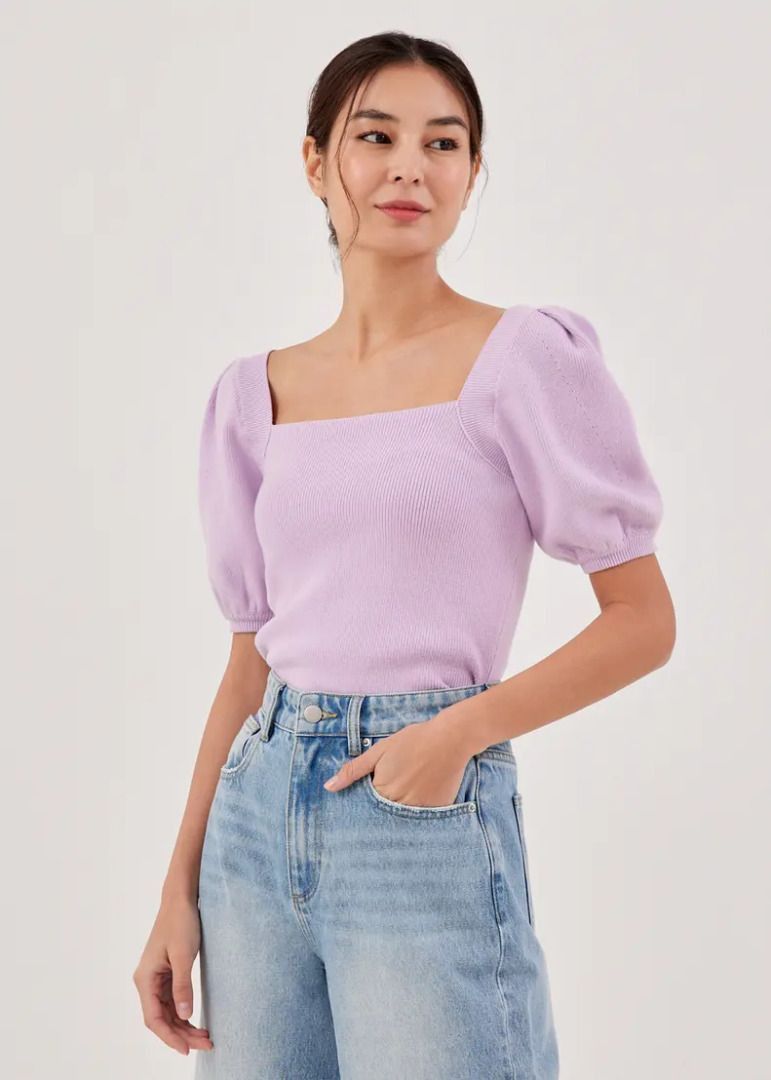 Love Bonito Square Neck Knit Top (Category: Blouses) located in Manila. Submitted by shopforprelovedclothes (Listing ID 1463980186, Image 1). Description: Size: XXS Color: Lilac Condition: Worn 1x only, good as new.