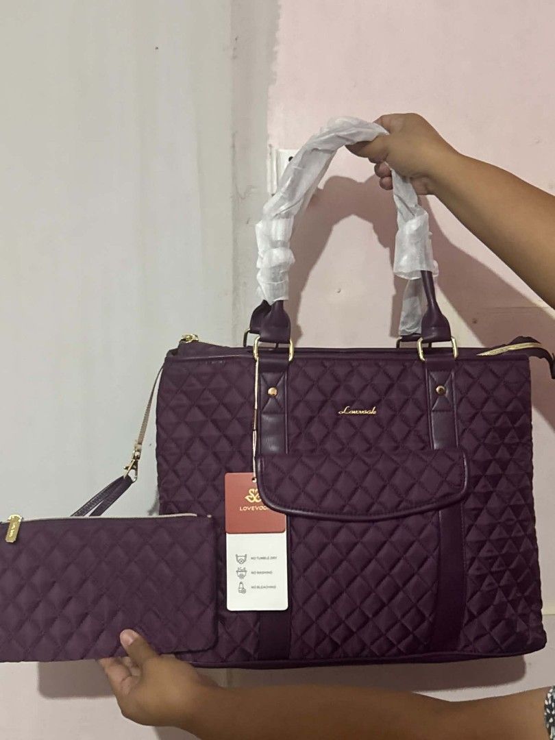 Lovevook Quilted Tote Bag (Category: Tote Bags) located in Manila. Submitted by vsballeras1984 (Listing ID 1464066737, Image 2). Description: - Stylish plum quilted tote bag from Lovevook. - Comes with a matching zippered pouch. - Elegant gold hardware details. - Handles still protected with original plastic wrap. - Features a front flap pocket and secure zip top closure. - Convenient side pockets for easy access. - Ideal for everyday errands or 