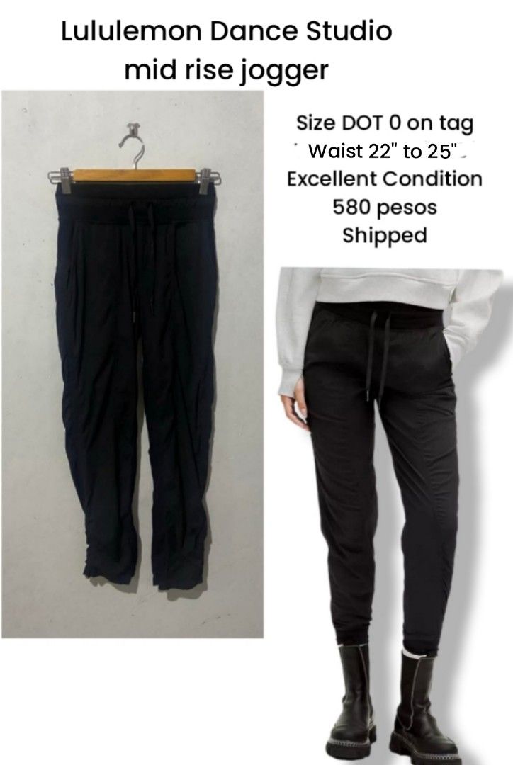 Lululemon Dance Studio Mid Rise Jogger Pants Black (Category: Activewear) located in Meycauayan. Submitted by epicforest_231b9d (Listing ID 1463990425, Image 1). Description: - Lululemon Dance Studio Mid Rise Joggers - Color: Black - Size: DOT 0 (fits waist 22-25 inches) - Condition: Excellent - Price: P580 (shipping included) - Ideal for: Everyday wear, light workouts.