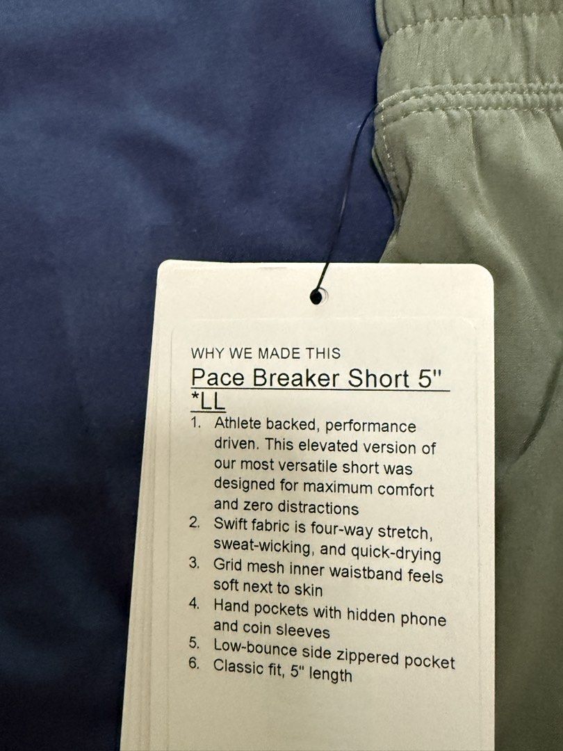 Lululemon Pace Breaker Short 5" Green (Category: Shorts) located in Quezon City. Submitted by see_14 (Listing ID 1464015145, Image 2). Description: - Lululemon Pace Breaker Shorts - Size: M - Length: 5-inch inseam - Fabric: Swift (4-way stretch, sweat-wicking, quick-drying) - Features: Grid mesh inner waistband, hand pockets with hidden phone/coin sleeves, low-bounce zippered side pocket - Fit: Classic fit.