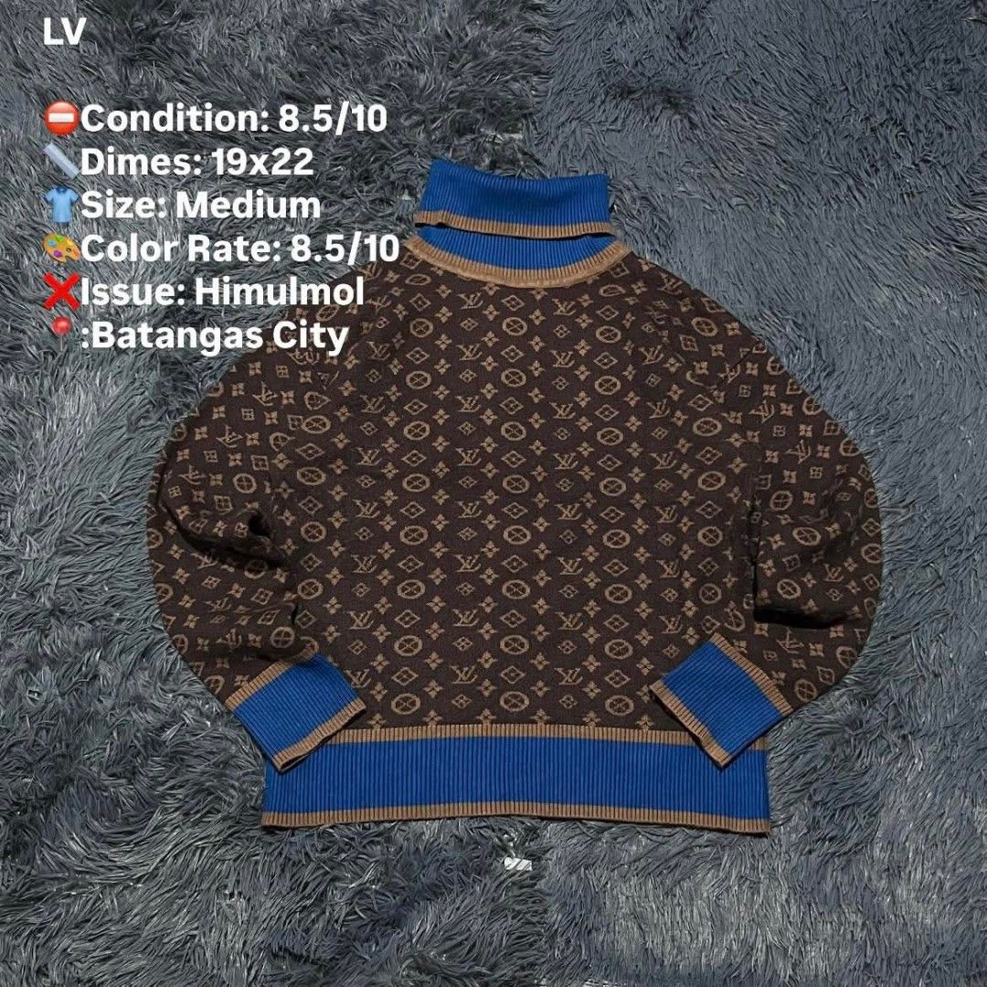 LV Monogram Turtleneck Sweater Medium (Category: Longsleeves) located in Batangas. Submitted by jaylord_g (Listing ID 1464111392, Image 1). Description: - Brown LV monogram turtleneck sweater - Blue and tan ribbed cuffs and collar - Dimensions: 19x22 - Origin: Batangas City - Note: Minor himulmol (pilling) issue.