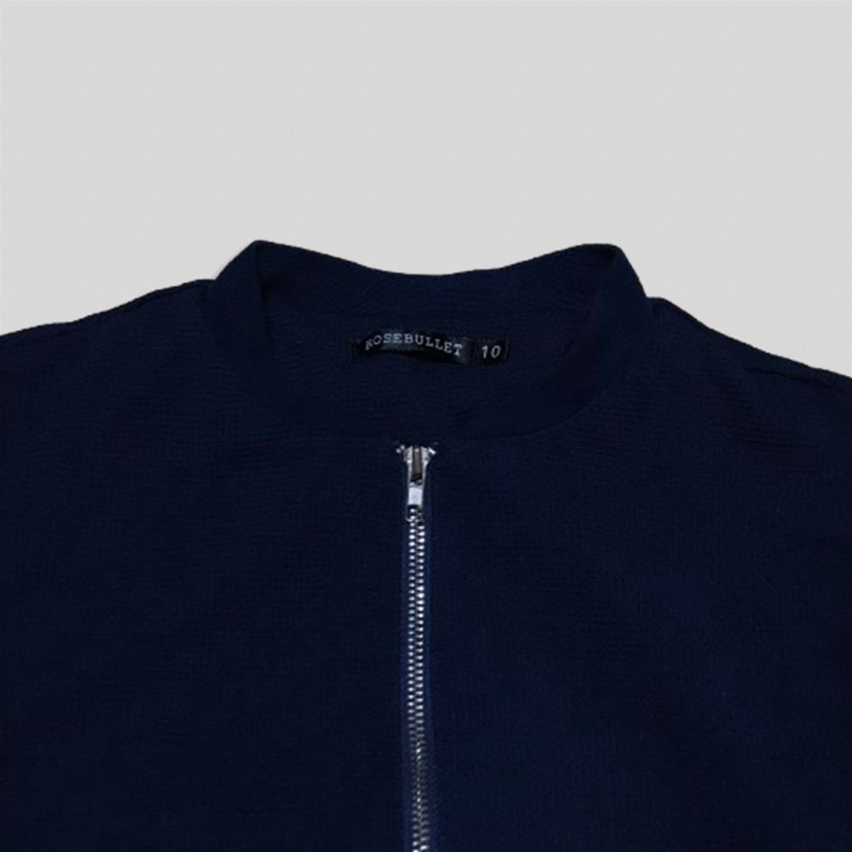 (M) Rosebullet Navy Bomber Jacket (Category: Coats, Jackets and Outerwear) located in Imus. Submitted by alfa_8 (Listing ID 1464008401, Image 3). Description: Minimalist / Utility / Clean Girl or Clean Boy / Japanese Streetwear Condition: 9/10 (Excellent pre-loved condition!) Details: Very clean navy blue with a unique waffle/ribbed textured material. Features a smooth-gliding silver hardware front zip and a functional utility zipper pocket on th