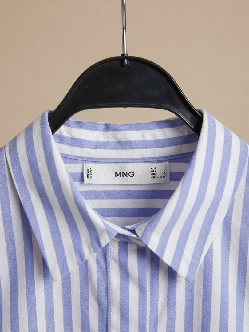 MANGO blue-and-white striped long-sleeve button-down shirt (Category: Longsleeves) located in Nagcarlan. Submitted by snccollection (Listing ID 1463971491, Image 3). Description: Worn twice. 10/10 Condition. Authentic Mango. RFS: Decluttering.